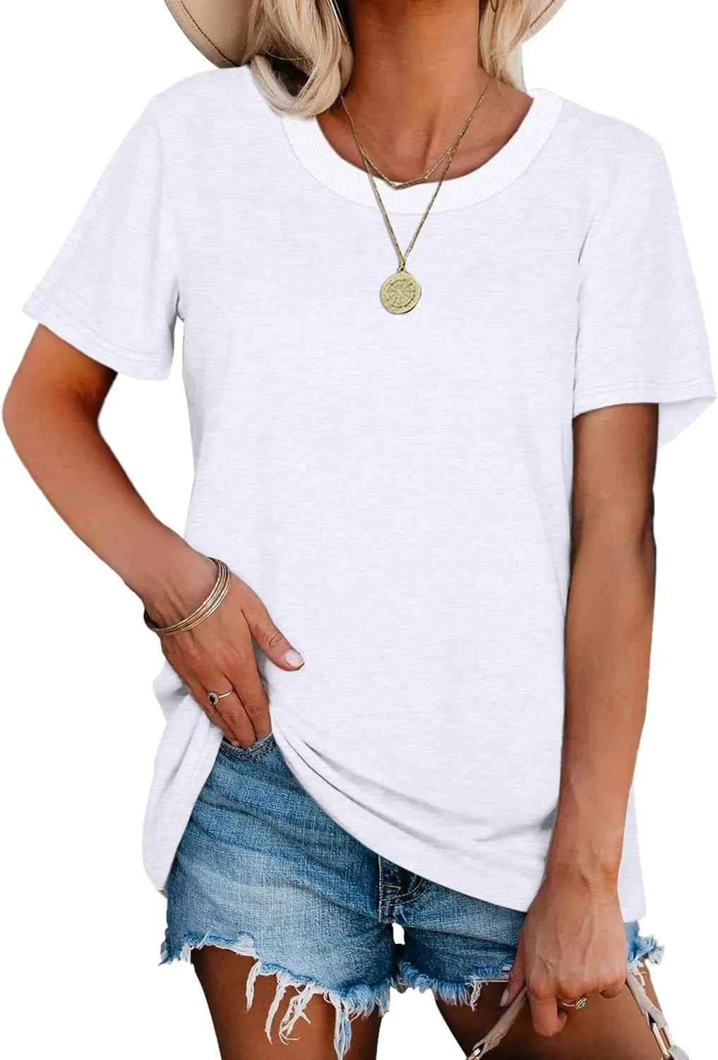 Jescakoo Womens Tops Summer Short Sleeve Ribbed Trim Crewneck T Shirts Fashion Basic Tee