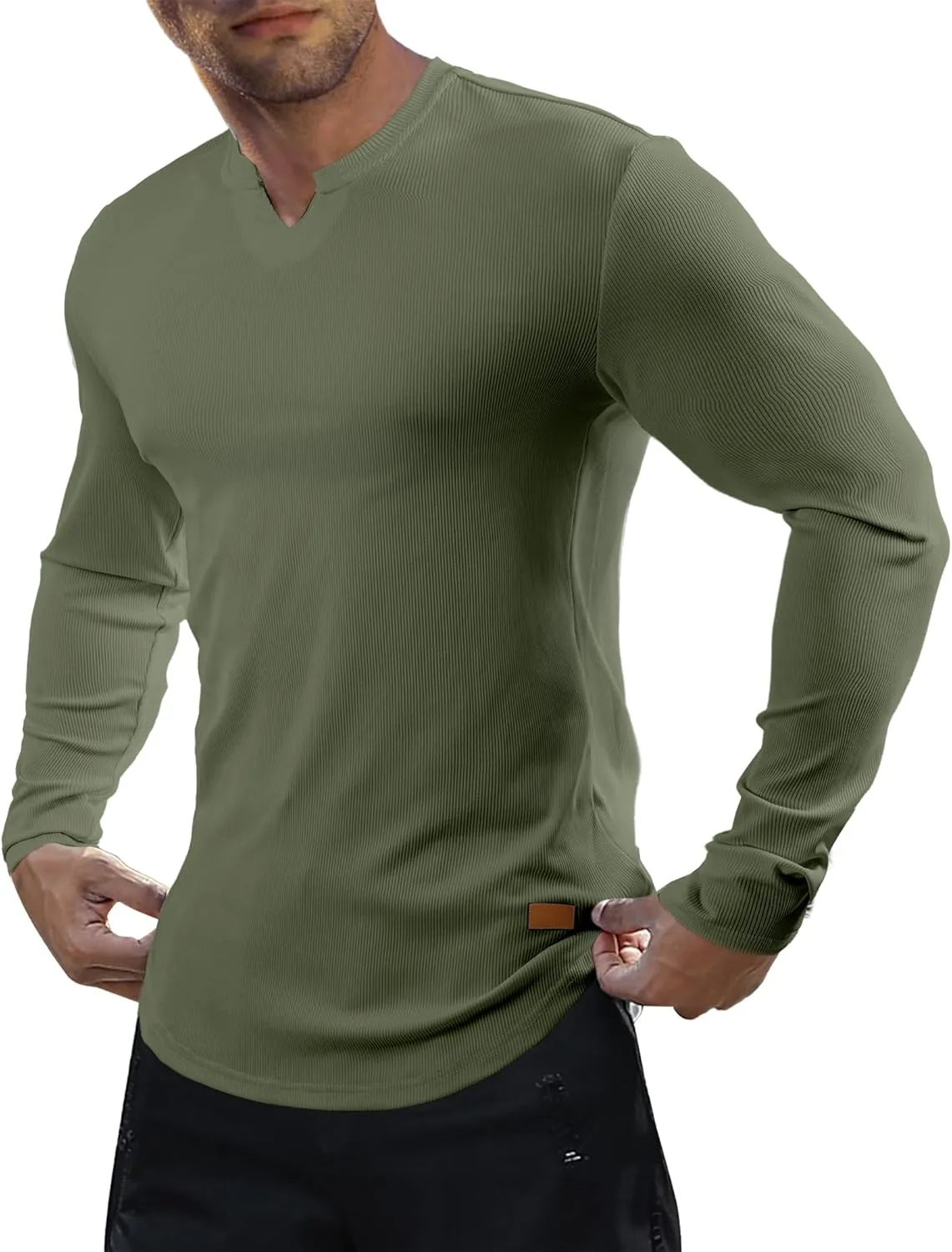 JMIERR Mens Long Sleeve Muscle T Shirts Casual V-Neck Longline Ribbed Tee Shirts