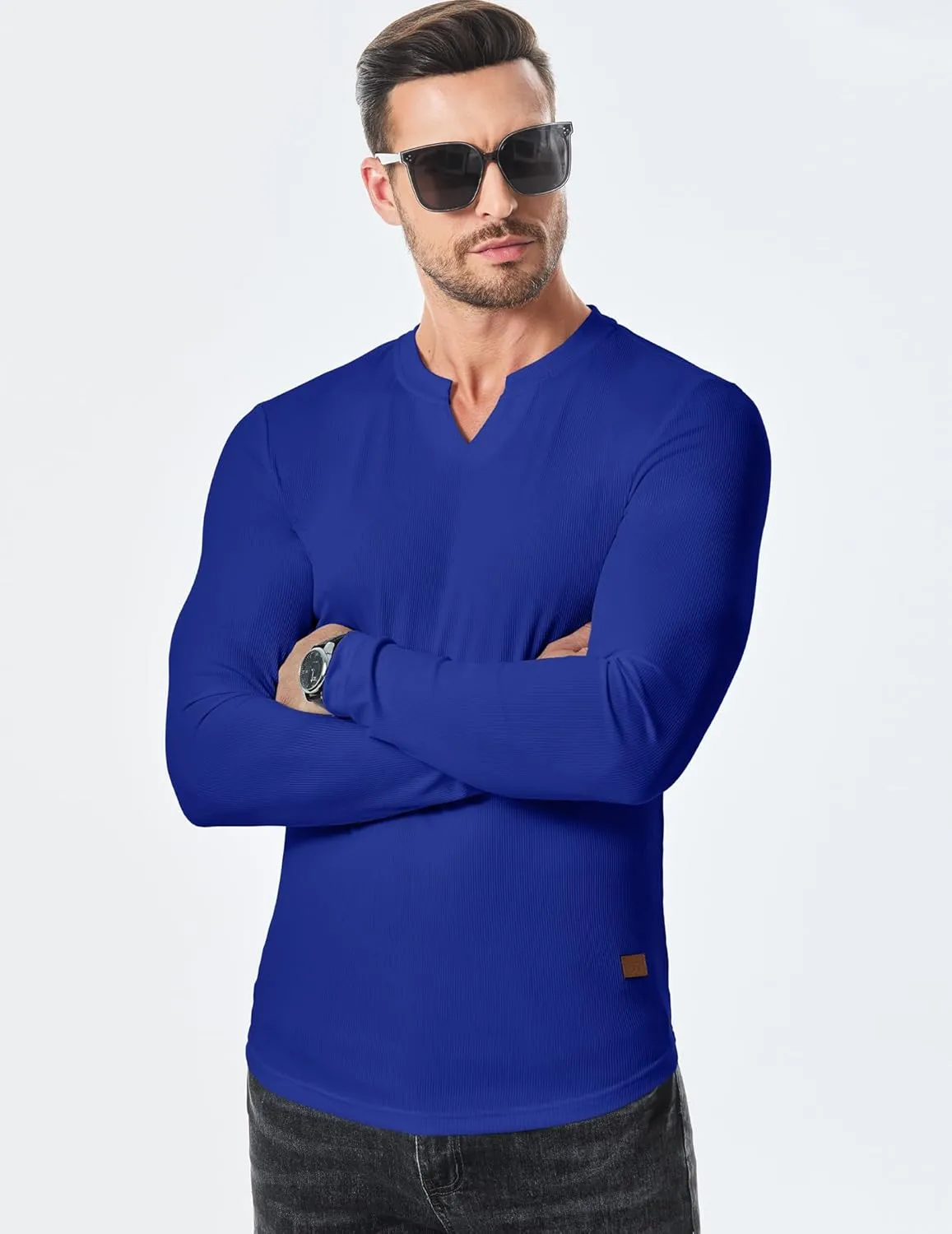 JMIERR Mens Long Sleeve Muscle T Shirts Casual V-Neck Longline Ribbed Tee Shirts