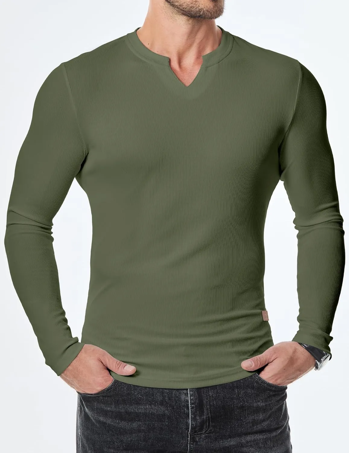 JMIERR Mens Long Sleeve Muscle T Shirts Casual V-Neck Longline Ribbed Tee Shirts