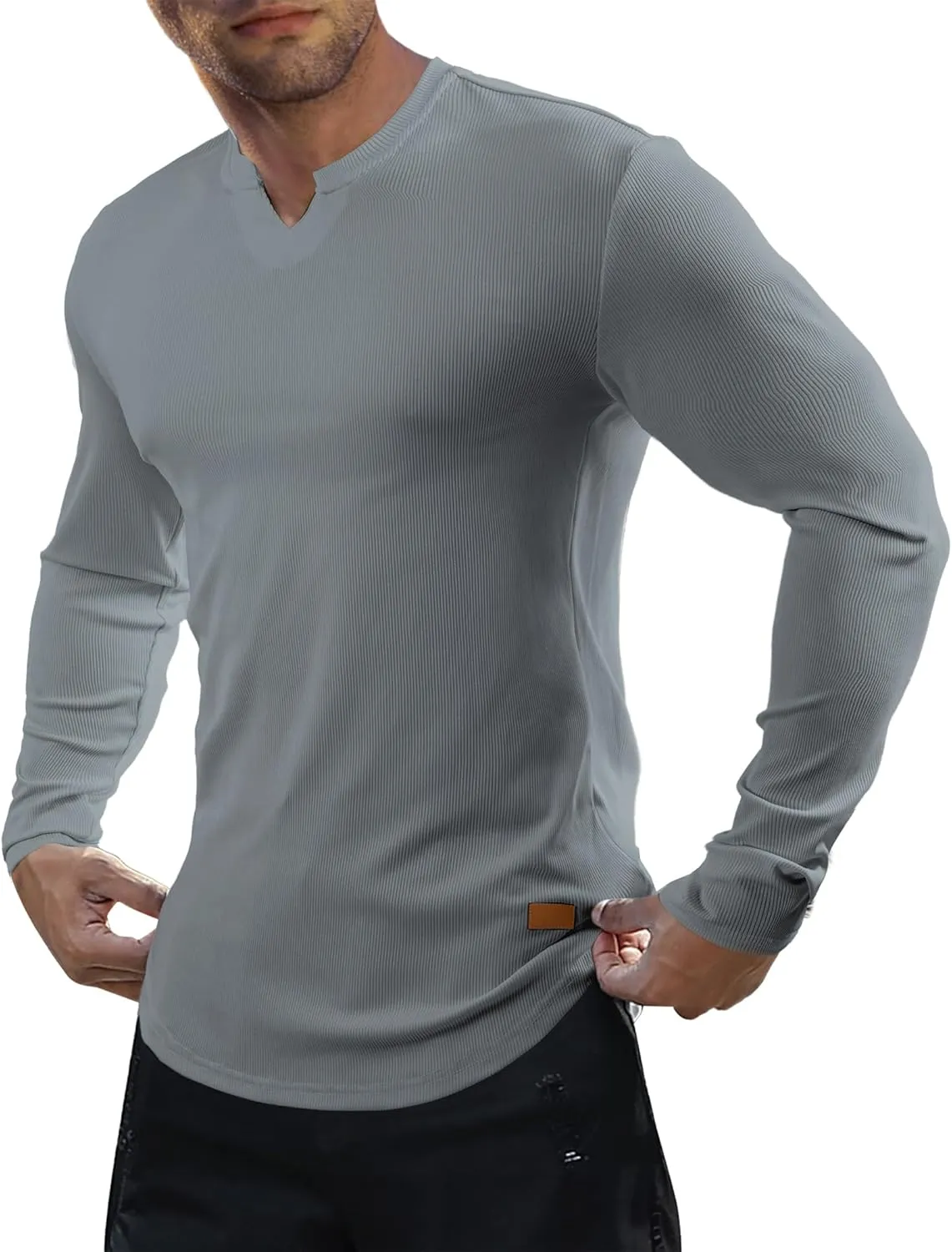 JMIERR Mens Long Sleeve Muscle T Shirts Casual V-Neck Longline Ribbed Tee Shirts