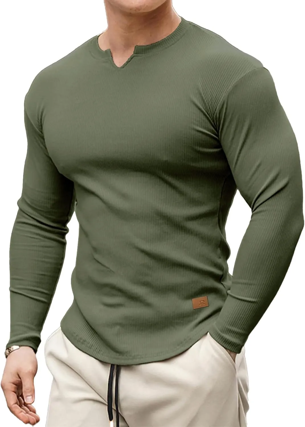 JMIERR Mens Long Sleeve Muscle T Shirts Casual V-Neck Longline Ribbed Tee Shirts