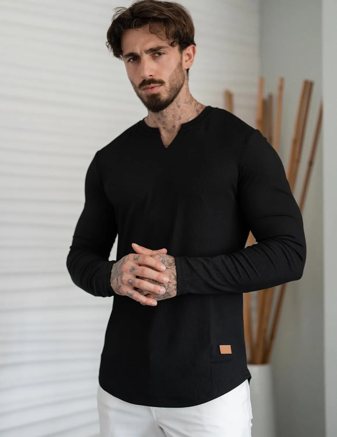 JMIERR Mens Long Sleeve Muscle T Shirts Casual V-Neck Longline Ribbed Tee Shirts