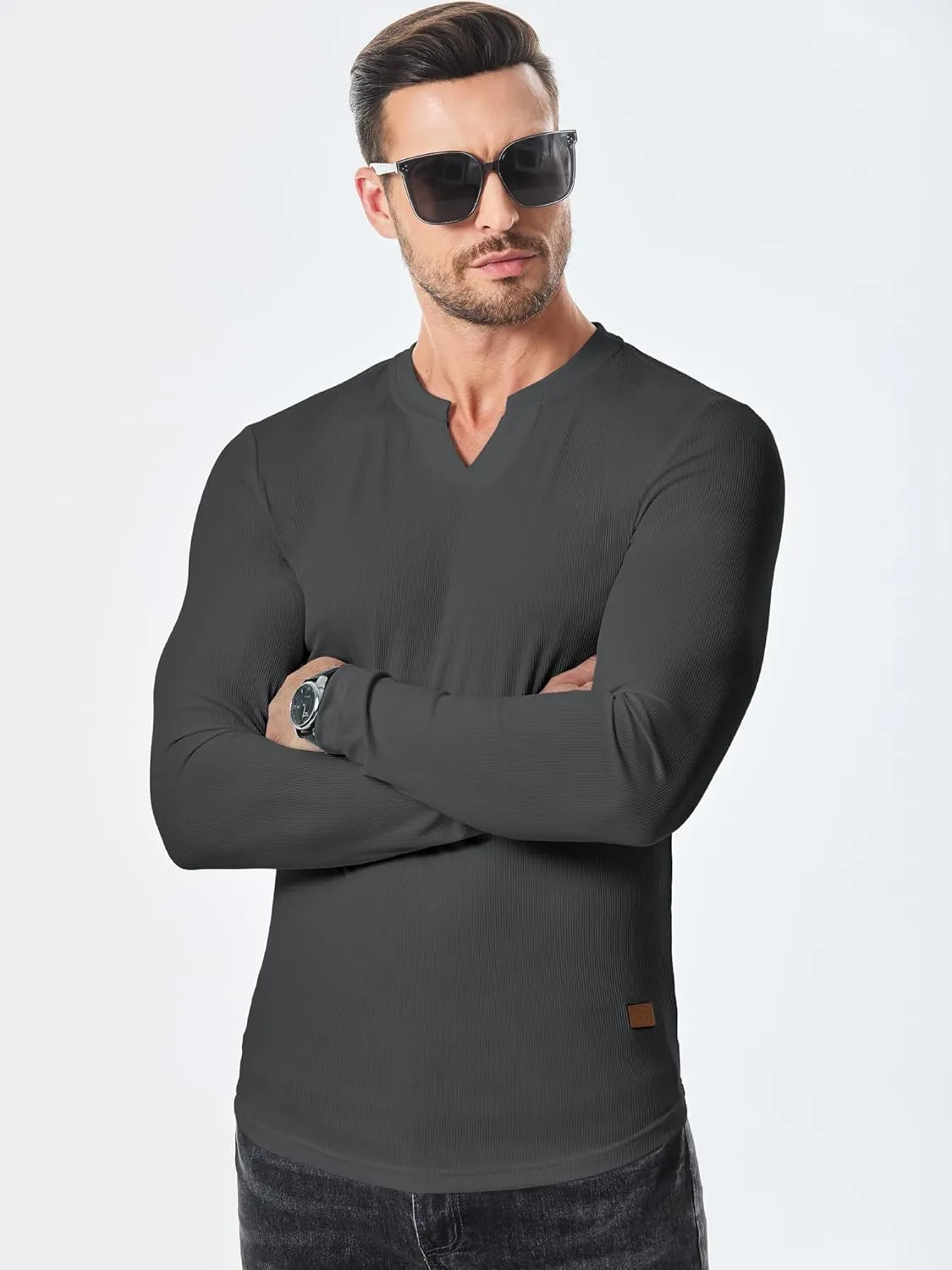 JMIERR Mens Long Sleeve Muscle T Shirts Casual V-Neck Longline Ribbed Tee Shirts