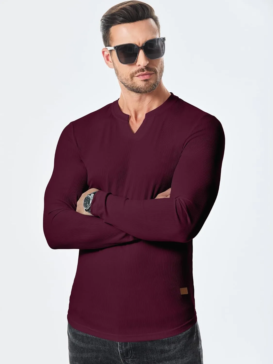JMIERR Mens Long Sleeve Muscle T Shirts Casual V-Neck Longline Ribbed Tee Shirts