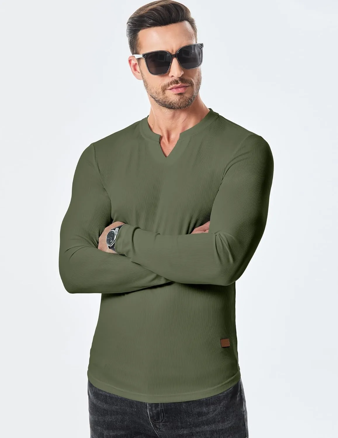 JMIERR Mens Long Sleeve Muscle T Shirts Casual V-Neck Longline Ribbed Tee Shirts