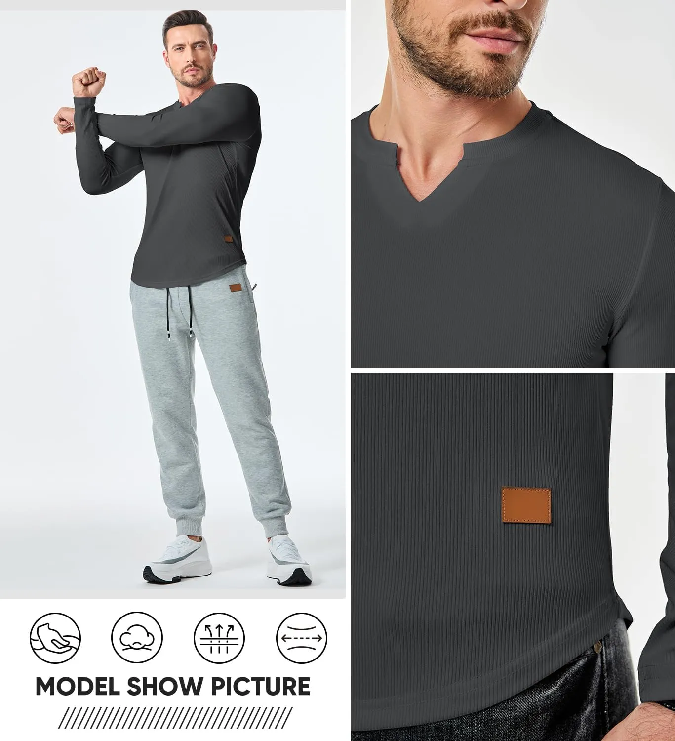 JMIERR Mens Long Sleeve Muscle T Shirts Casual V-Neck Longline Ribbed Tee Shirts