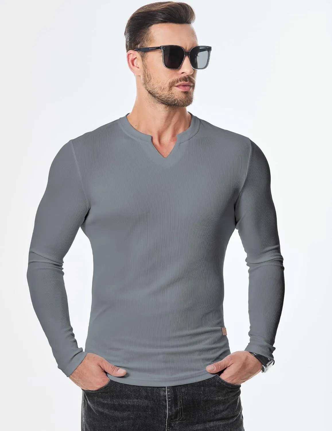 JMIERR Mens Long Sleeve Muscle T Shirts Casual V-Neck Longline Ribbed Tee Shirts