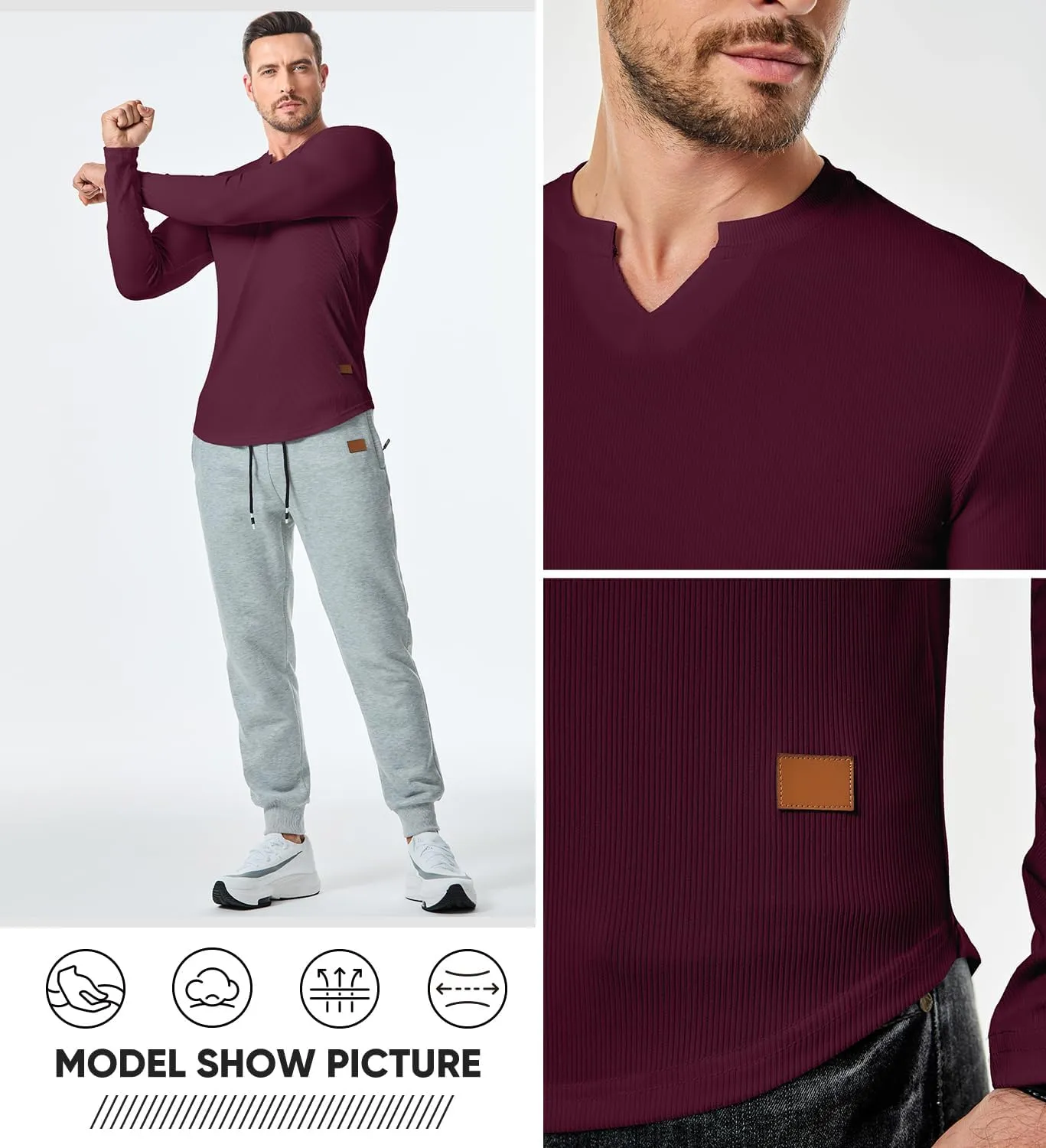 JMIERR Mens Long Sleeve Muscle T Shirts Casual V-Neck Longline Ribbed Tee Shirts