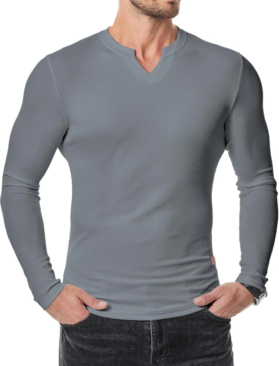 JMIERR Mens Long Sleeve Muscle T Shirts Casual V-Neck Longline Ribbed Tee Shirts