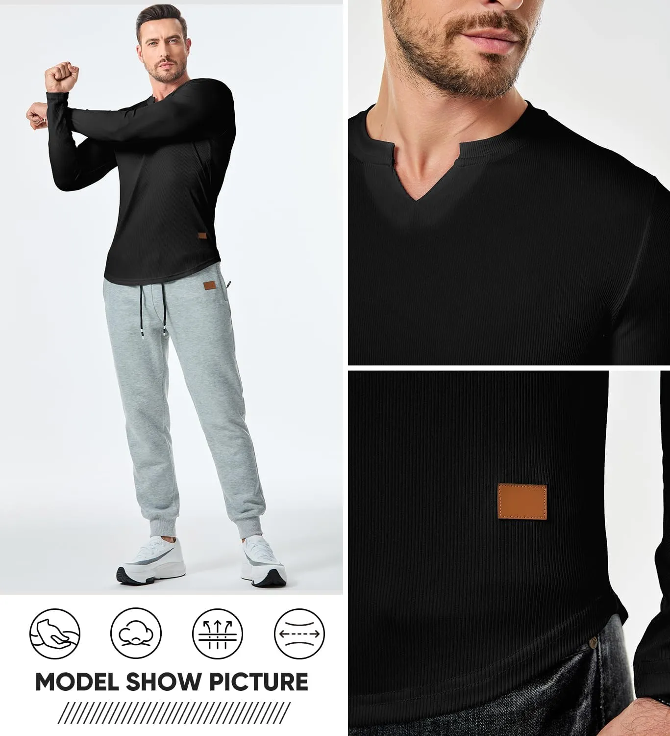 JMIERR Mens Long Sleeve Muscle T Shirts Casual V-Neck Longline Ribbed Tee Shirts