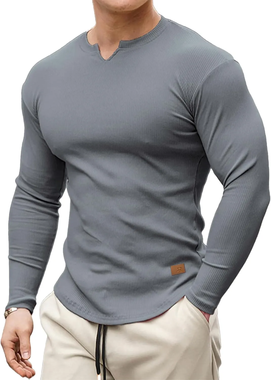 JMIERR Mens Long Sleeve Muscle T Shirts Casual V-Neck Longline Ribbed Tee Shirts