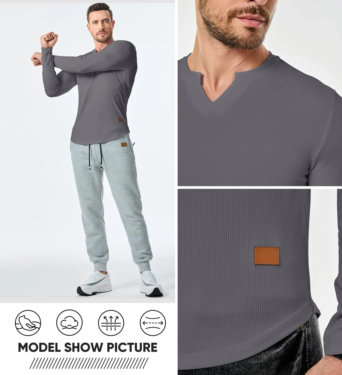 JMIERR Mens Long Sleeve Muscle T Shirts Casual V-Neck Longline Ribbed Tee Shirts