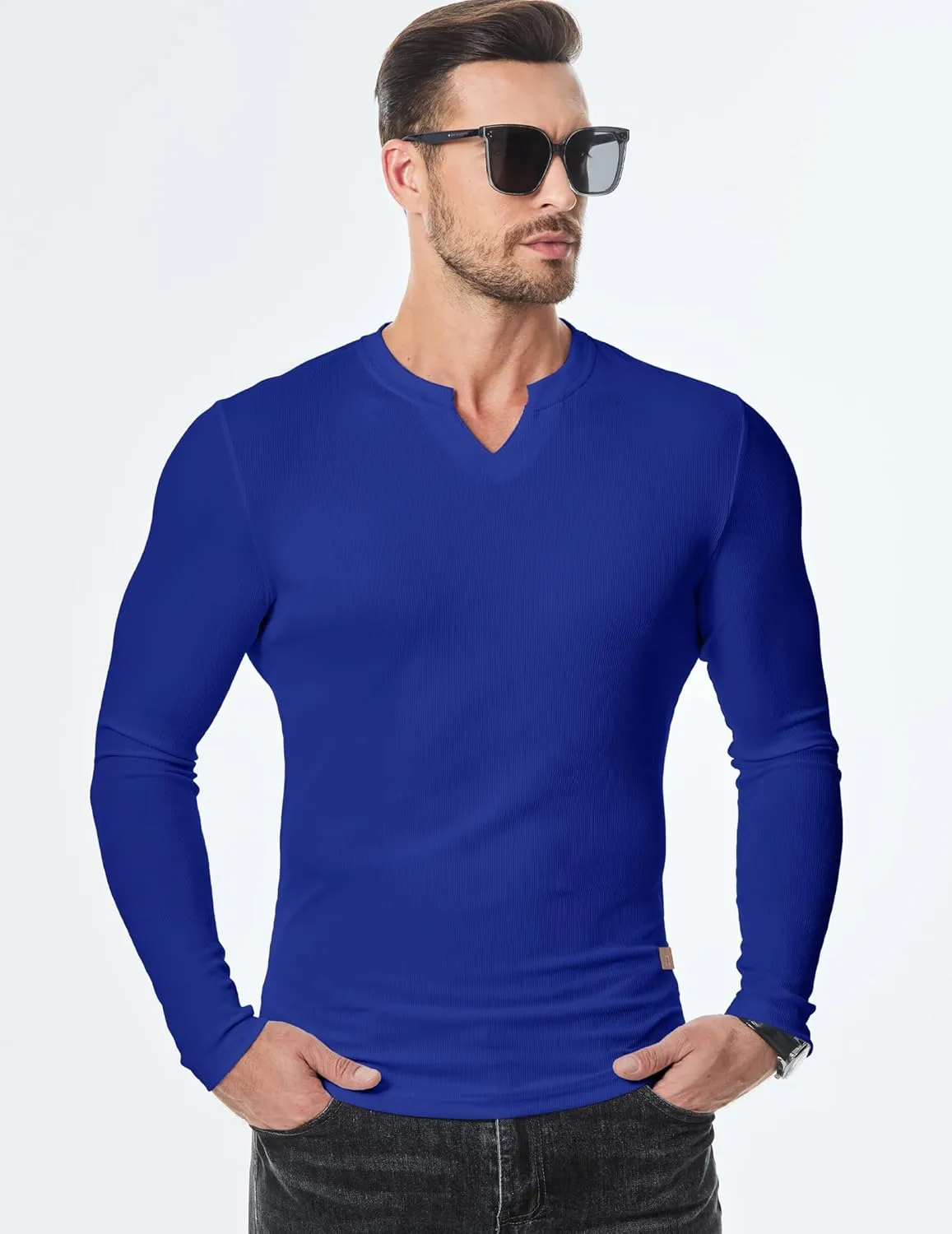JMIERR Mens Long Sleeve Muscle T Shirts Casual V-Neck Longline Ribbed Tee Shirts
