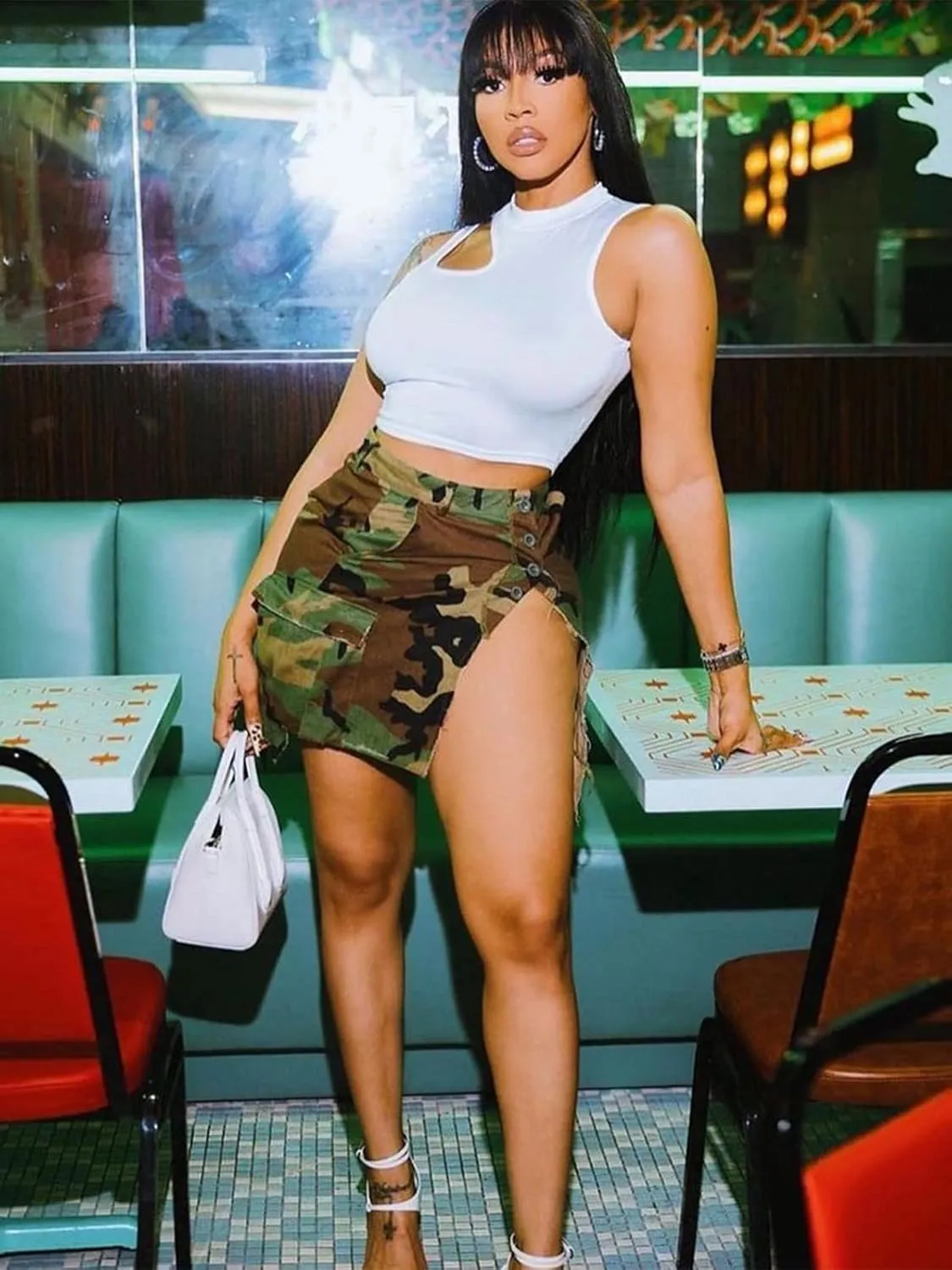 KANSOON Camo Skirt for Women High Waist Mini Denim Split Cargo Skirts with Pockets