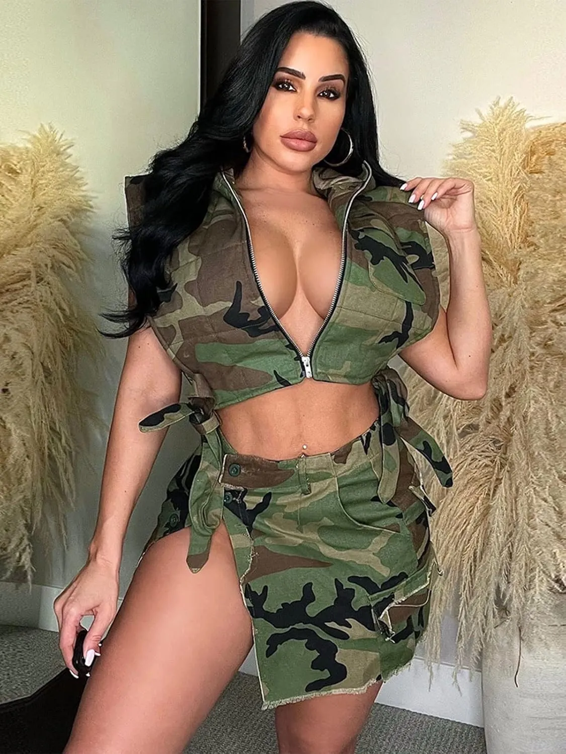 KANSOON Camo Skirt for Women High Waist Mini Denim Split Cargo Skirts with Pockets
