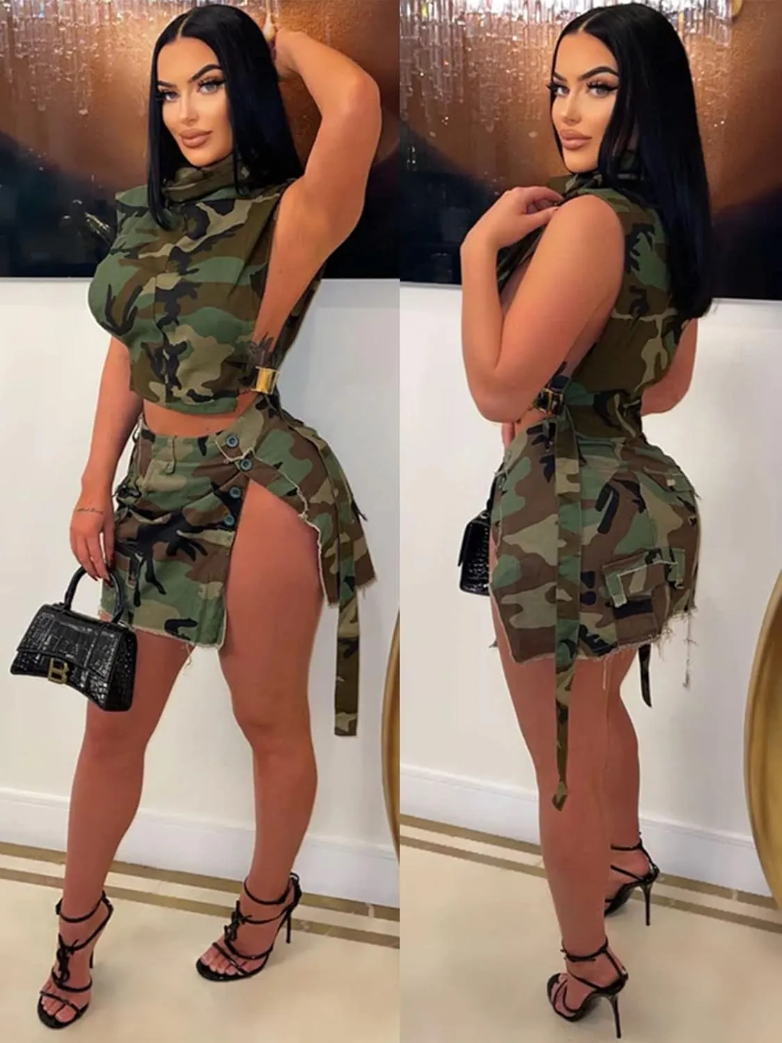 KANSOON Camo Skirt for Women High Waist Mini Denim Split Cargo Skirts with Pockets