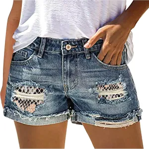 KUIOLYPOER Mid Rise Jean Shorts Women Patch Casual Rolled Hem Distressed Jean Ripped Frayed Folded Cutoff Denim Shorts