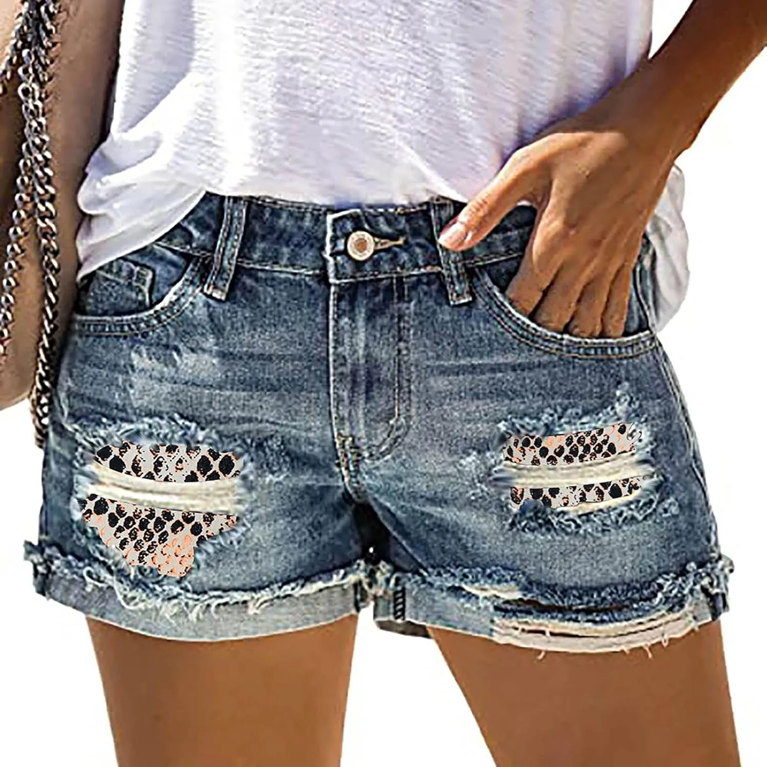 KUIOLYPOER Mid Rise Jean Shorts Women Patch Casual Rolled Hem Distressed Jean Ripped Frayed Folded Cutoff Denim Shorts
