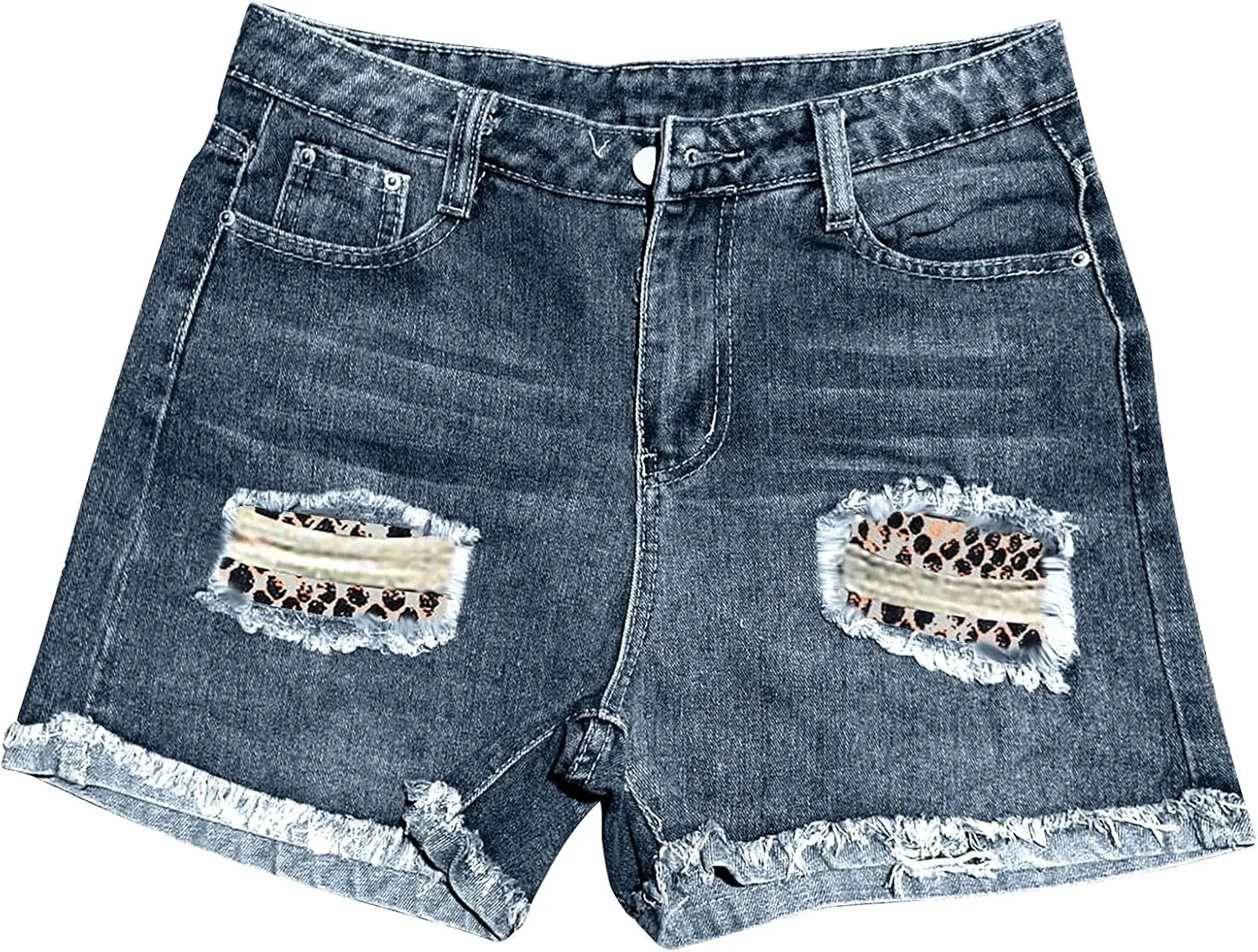 KUIOLYPOER Mid Rise Jean Shorts Women Patch Casual Rolled Hem Distressed Jean Ripped Frayed Folded Cutoff Denim Shorts