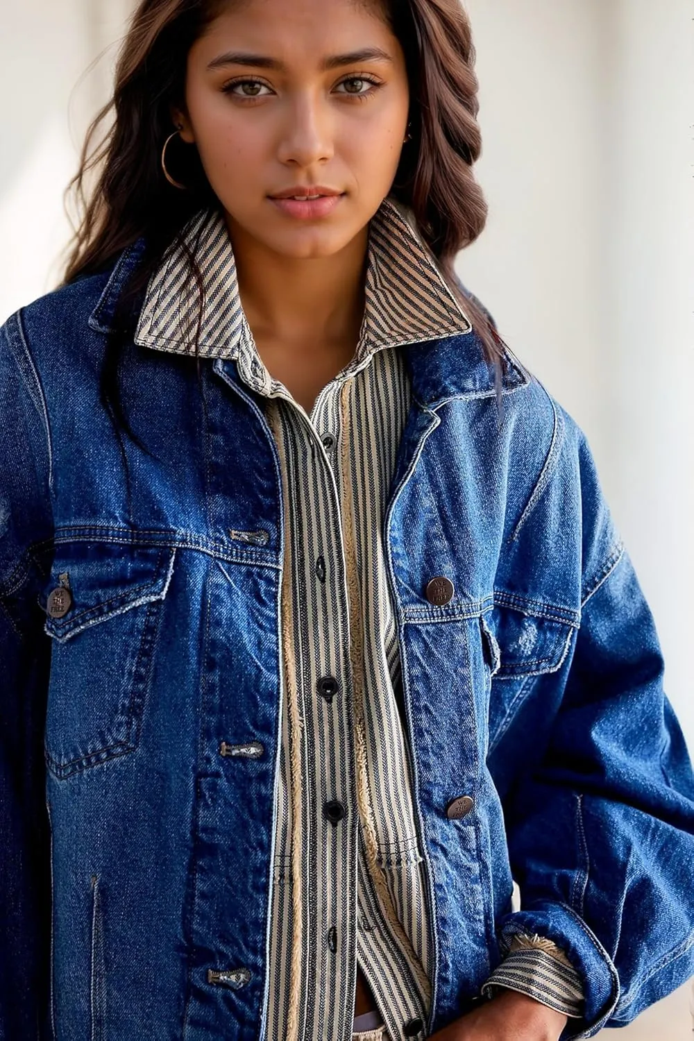 LifeShe Women's Oversized Denim Jacket Boyfriend Ripped Distressed Jean Jackets Casual Long Sleeve Trucker Coat
