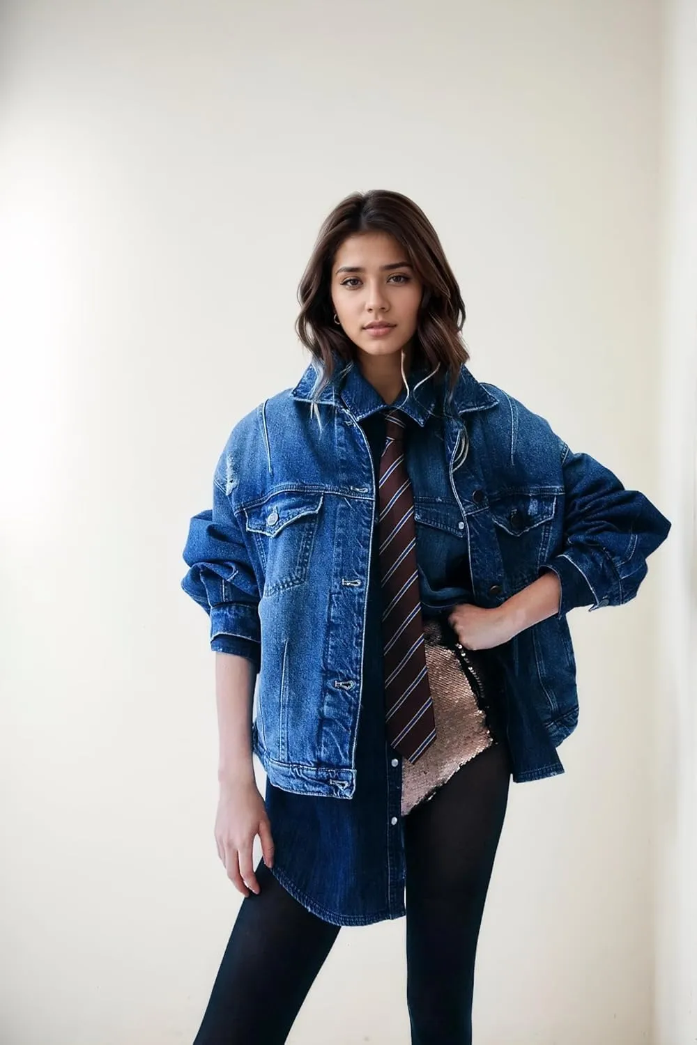 LifeShe Women's Oversized Denim Jacket Boyfriend Ripped Distressed Jean Jackets Casual Long Sleeve Trucker Coat