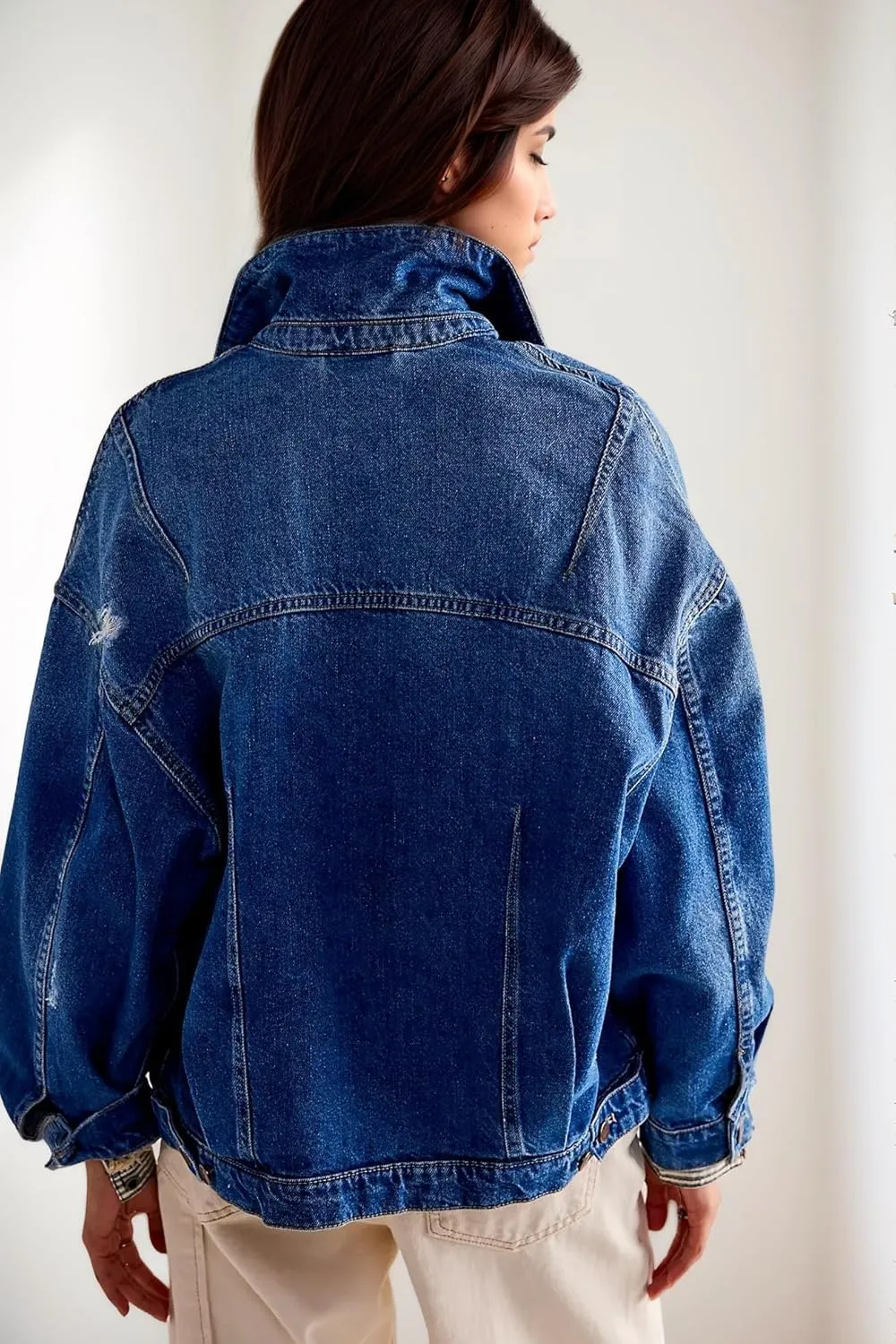 LifeShe Women's Oversized Denim Jacket Boyfriend Ripped Distressed Jean Jackets Casual Long Sleeve Trucker Coat