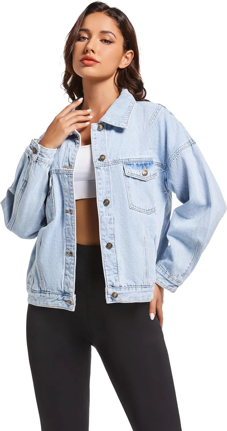 LifeShe Women's Oversized Denim Jacket Boyfriend Ripped Distressed Jean Jackets Casual Long Sleeve Trucker Coat