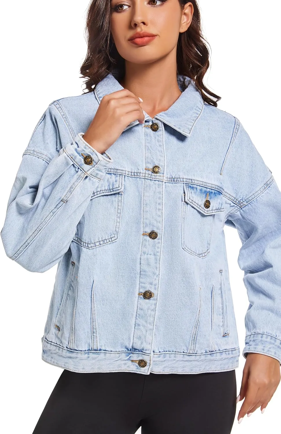 LifeShe Women's Oversized Denim Jacket Boyfriend Ripped Distressed Jean Jackets Casual Long Sleeve Trucker Coat