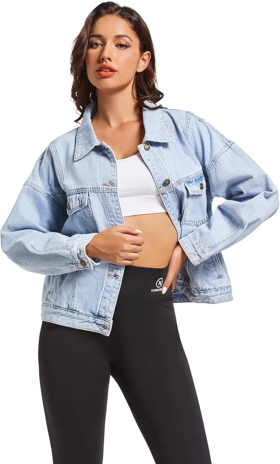 LifeShe Women's Oversized Denim Jacket Boyfriend Ripped Distressed Jean Jackets Casual Long Sleeve Trucker Coat