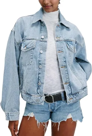 LifeShe Women's Oversized Denim Jacket Boyfriend Ripped Distressed Jean Jackets Casual Long Sleeve Trucker Coat