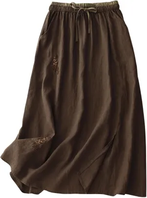 Linen A Line Skirt for Women Casual Elastic Waist Cotton Maxi Skirts Embroidered Boho Summer Skirt