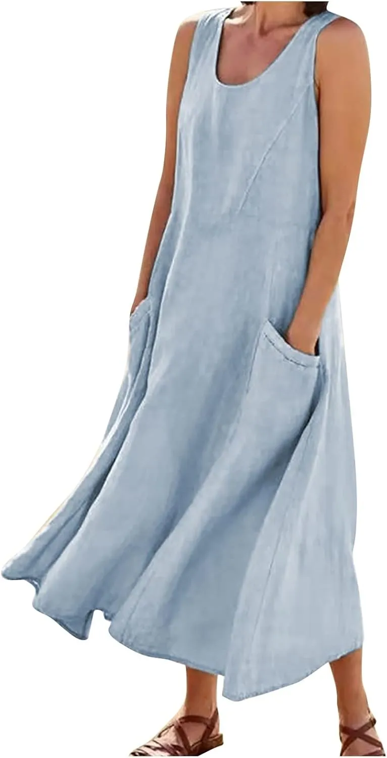 Linen Dresses for Women Casual Summer Comfy Cotton Sundresses Beach Vacation Sleeveless Loose Maxi Dress with Pocket