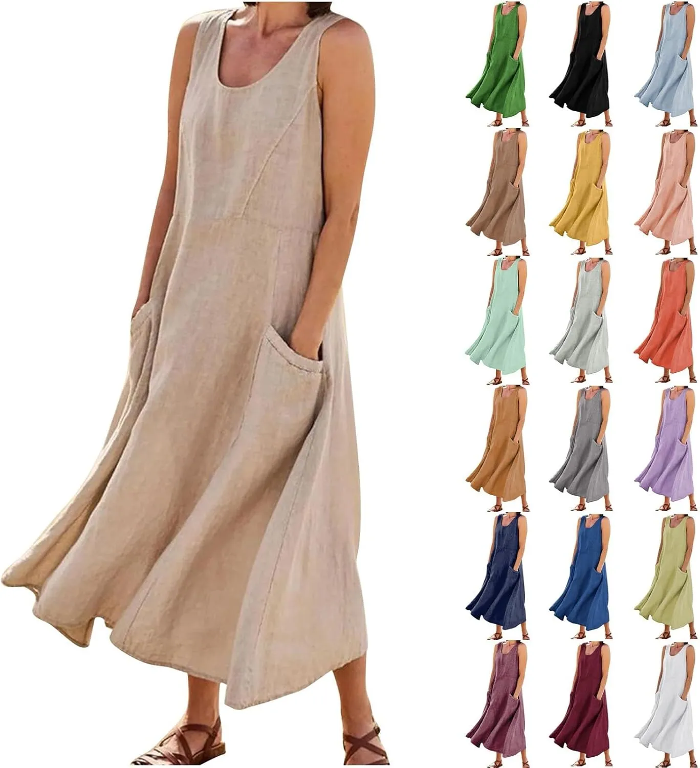 Linen Dresses for Women Casual Summer Comfy Cotton Sundresses Beach Vacation Sleeveless Loose Maxi Dress with Pocket