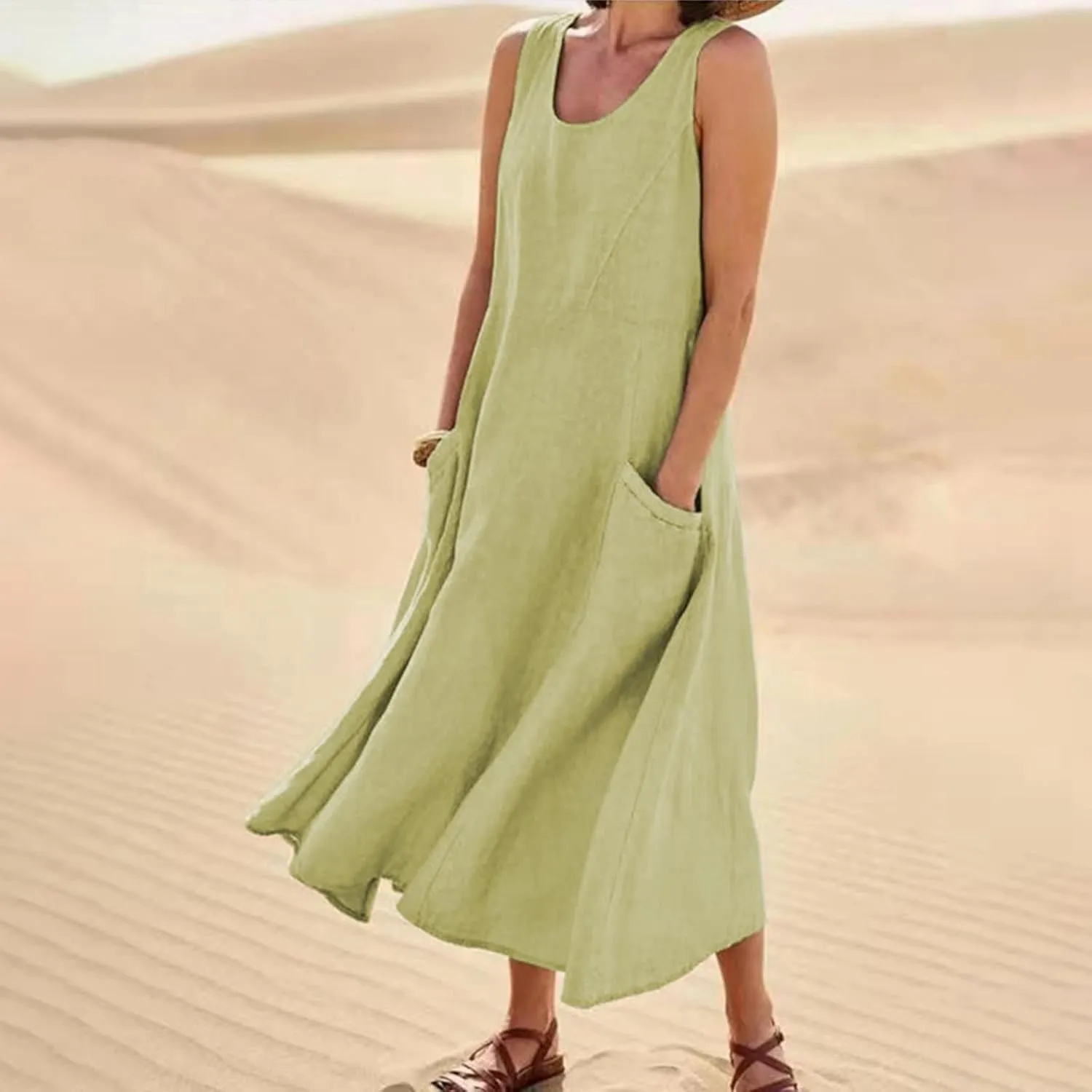 Linen Dresses for Women Casual Summer Comfy Cotton Sundresses Beach Vacation Sleeveless Loose Maxi Dress with Pocket