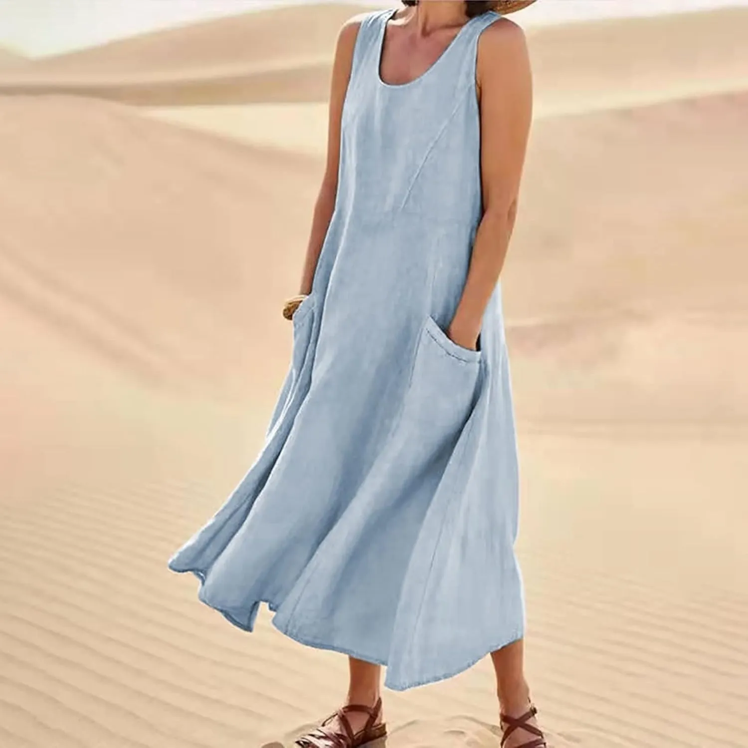 Linen Dresses for Women Casual Summer Comfy Cotton Sundresses Beach Vacation Sleeveless Loose Maxi Dress with Pocket