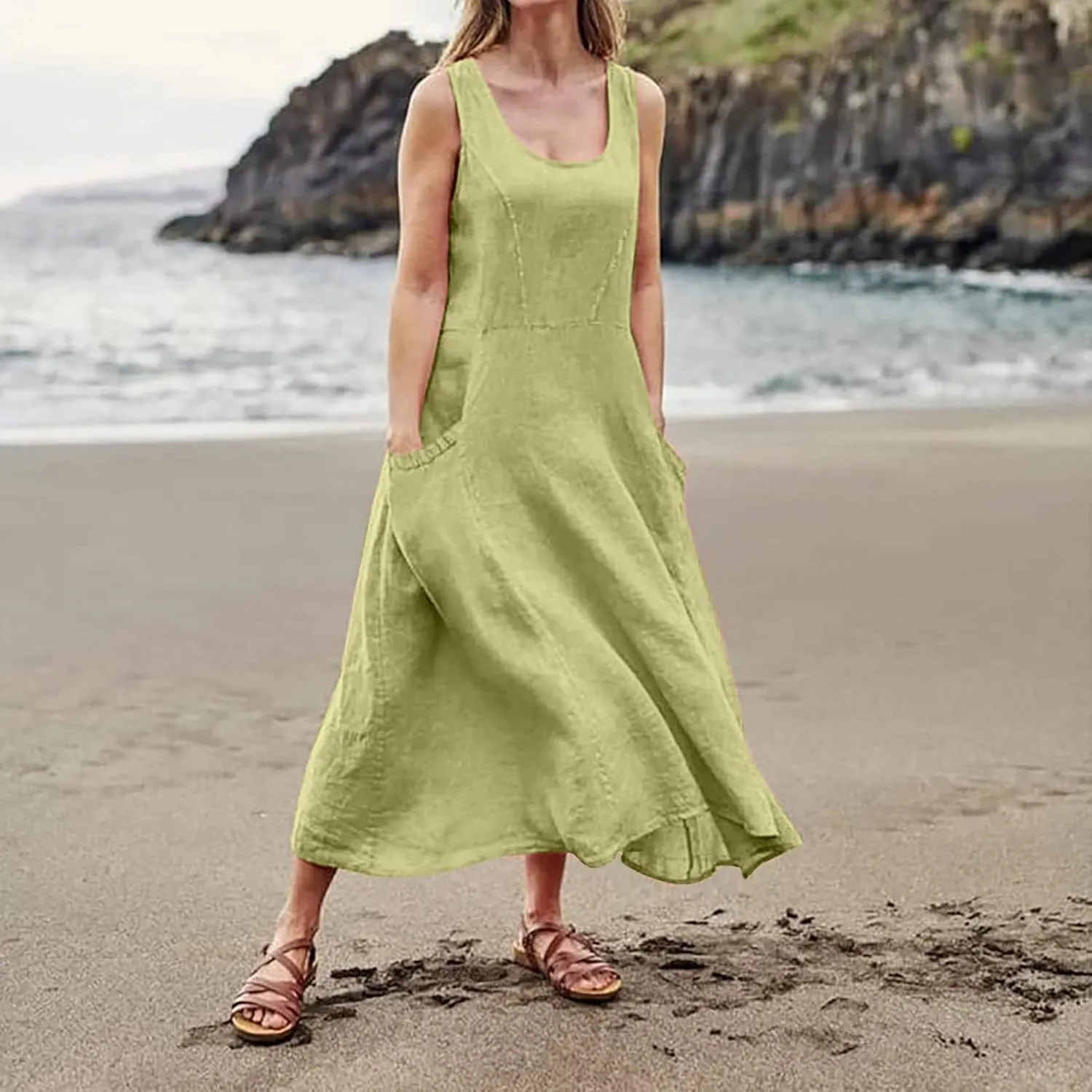 Linen Dresses for Women Casual Summer Comfy Cotton Sundresses Beach Vacation Sleeveless Loose Maxi Dress with Pocket