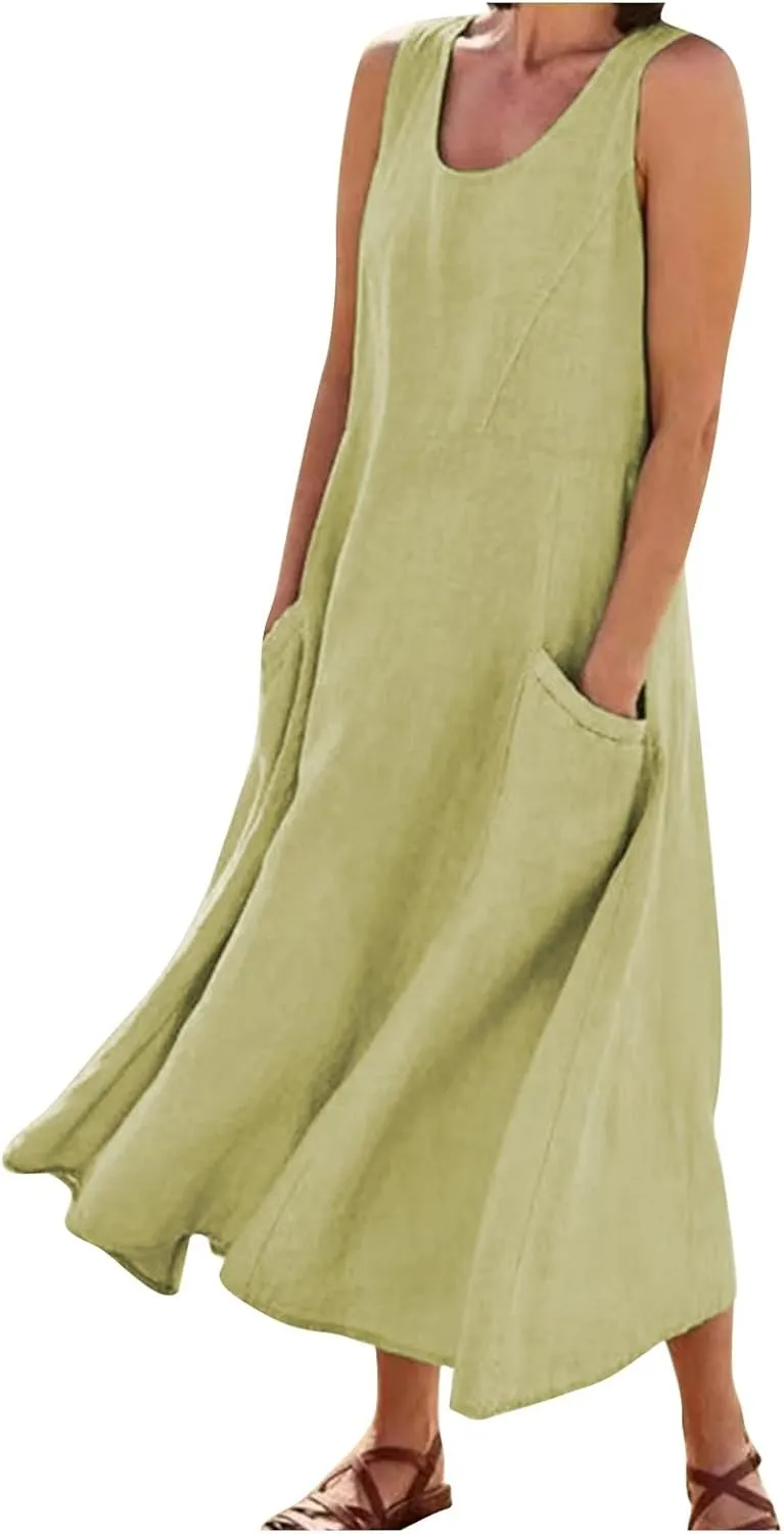 Linen Dresses for Women Casual Summer Comfy Cotton Sundresses Beach Vacation Sleeveless Loose Maxi Dress with Pocket