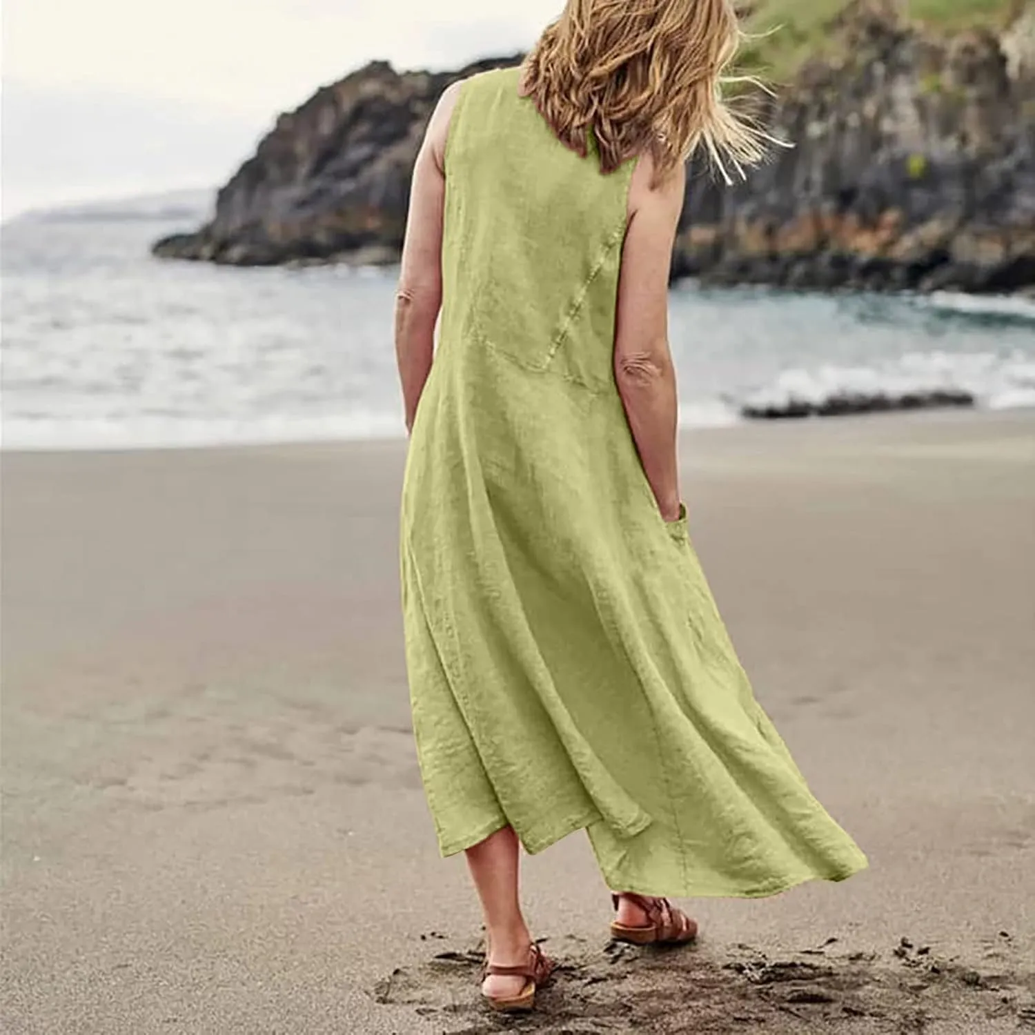 Linen Dresses for Women Casual Summer Comfy Cotton Sundresses Beach Vacation Sleeveless Loose Maxi Dress with Pocket