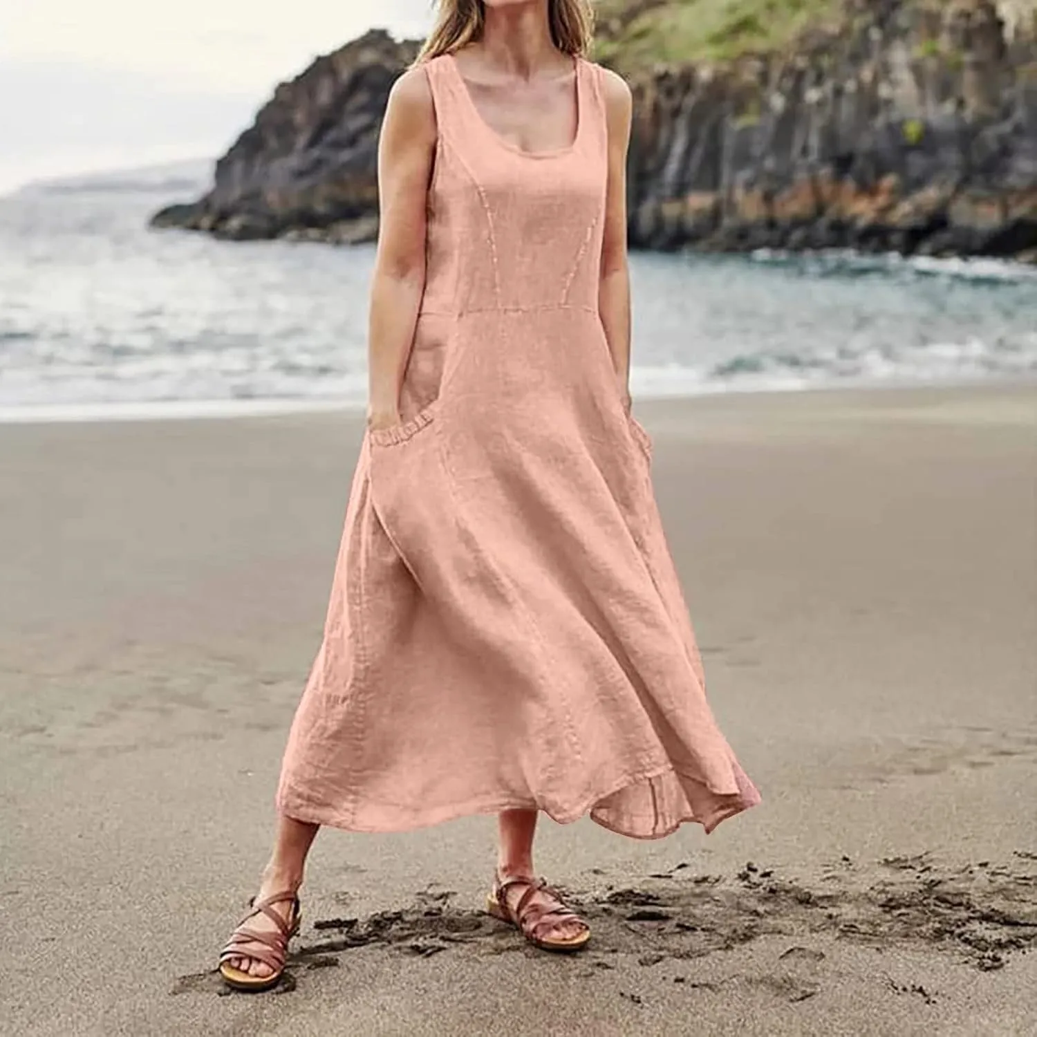 Linen Dresses for Women Casual Summer Comfy Cotton Sundresses Beach Vacation Sleeveless Loose Maxi Dress with Pocket