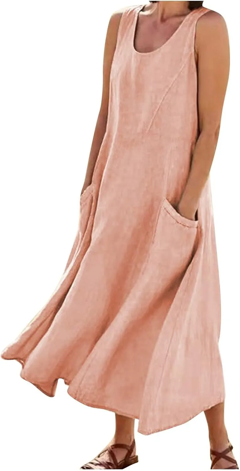 Linen Dresses for Women Casual Summer Comfy Cotton Sundresses Beach Vacation Sleeveless Loose Maxi Dress with Pocket