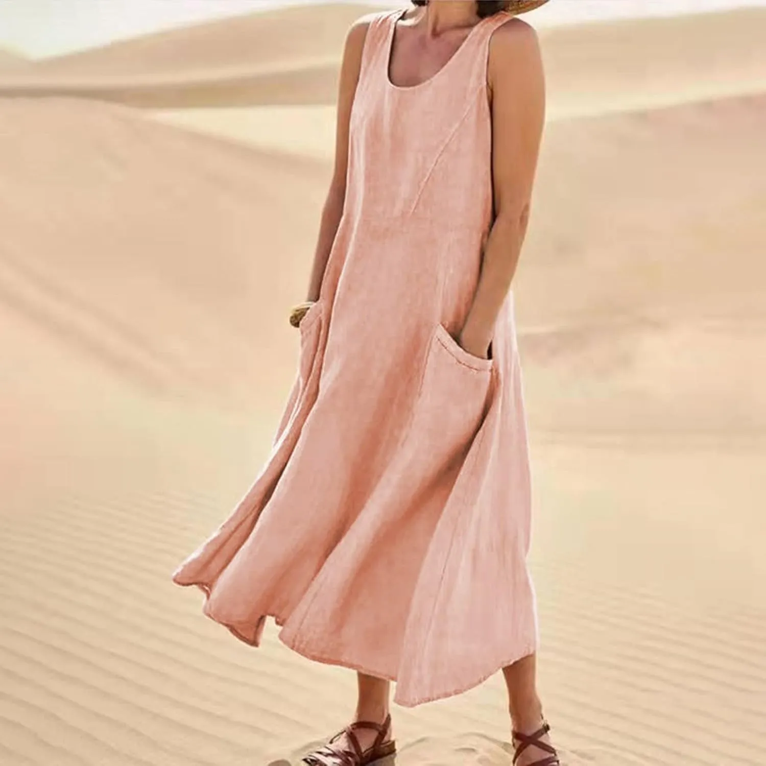 Linen Dresses for Women Casual Summer Comfy Cotton Sundresses Beach Vacation Sleeveless Loose Maxi Dress with Pocket