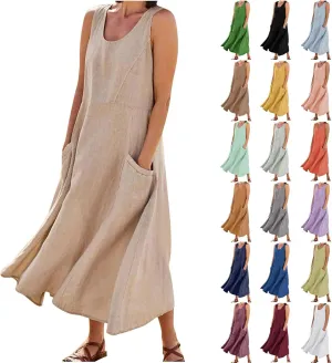 Linen Dresses for Women Casual Summer Comfy Cotton Sundresses Beach Vacation Sleeveless Loose Maxi Dress with Pocket