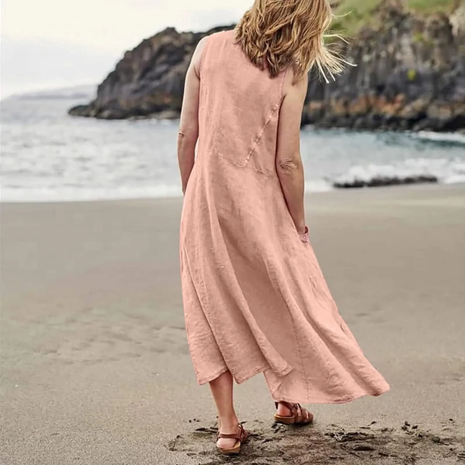 Linen Dresses for Women Casual Summer Comfy Cotton Sundresses Beach Vacation Sleeveless Loose Maxi Dress with Pocket