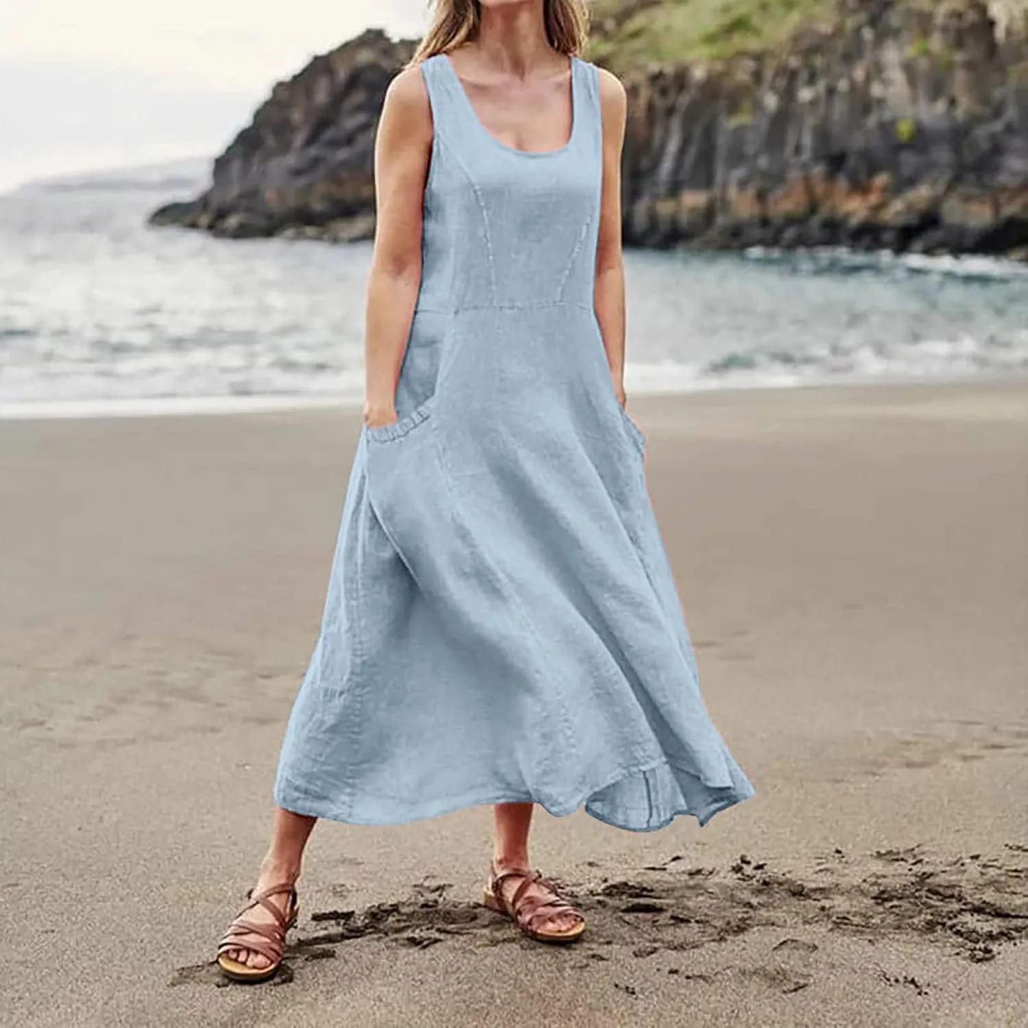 Linen Dresses for Women Casual Summer Comfy Cotton Sundresses Beach Vacation Sleeveless Loose Maxi Dress with Pocket