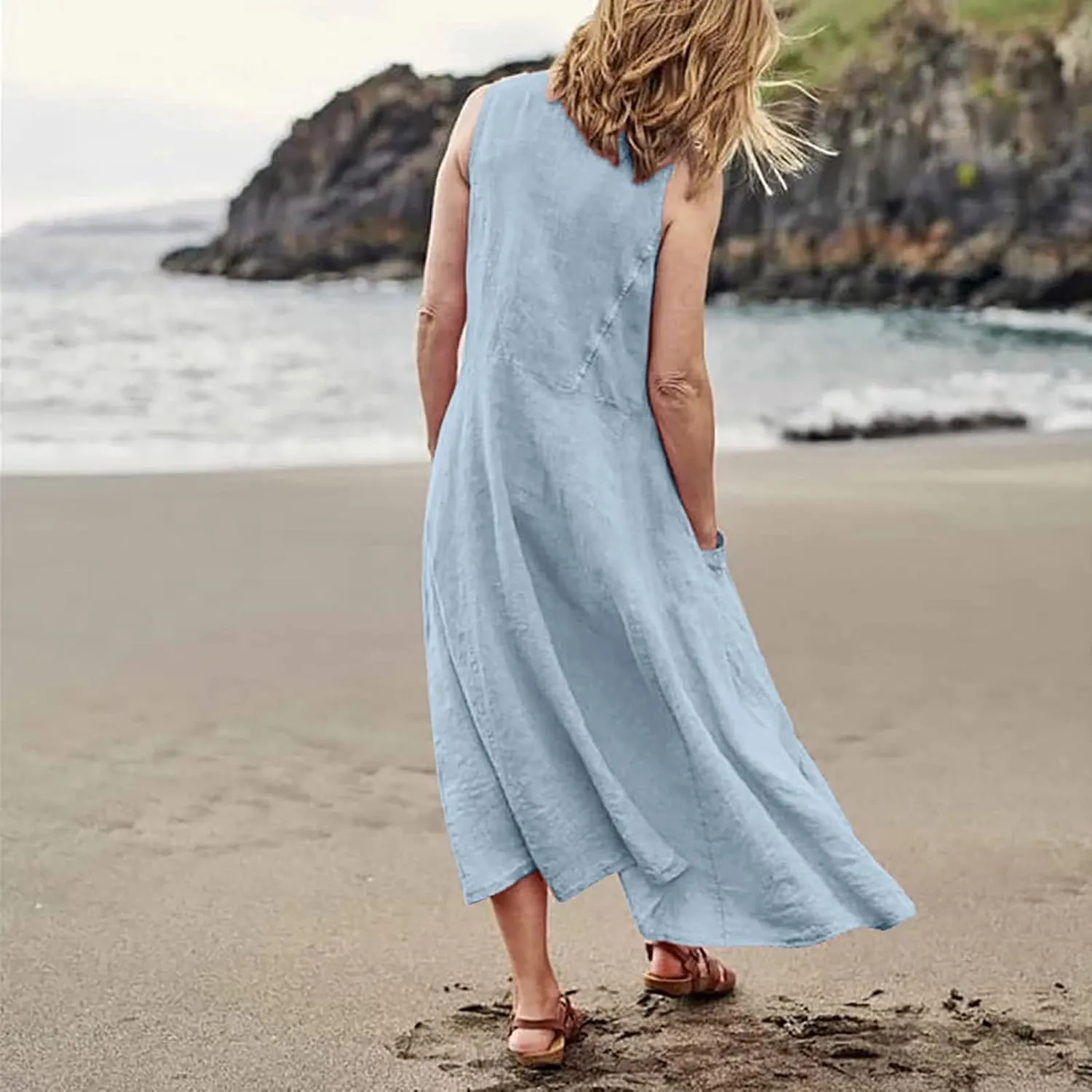 Linen Dresses for Women Casual Summer Comfy Cotton Sundresses Beach Vacation Sleeveless Loose Maxi Dress with Pocket