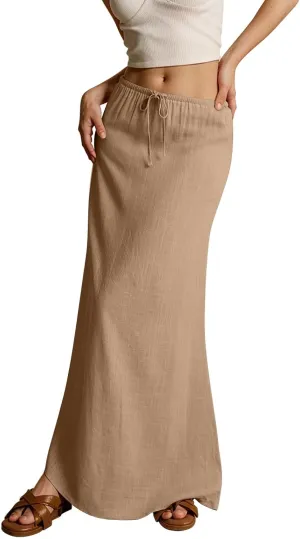 Linen Maxi Skirts for Women Trendy Summer Comfy Drawstring Waist A Line Skirts Cute Vacation Boho Long Flowy Skirts