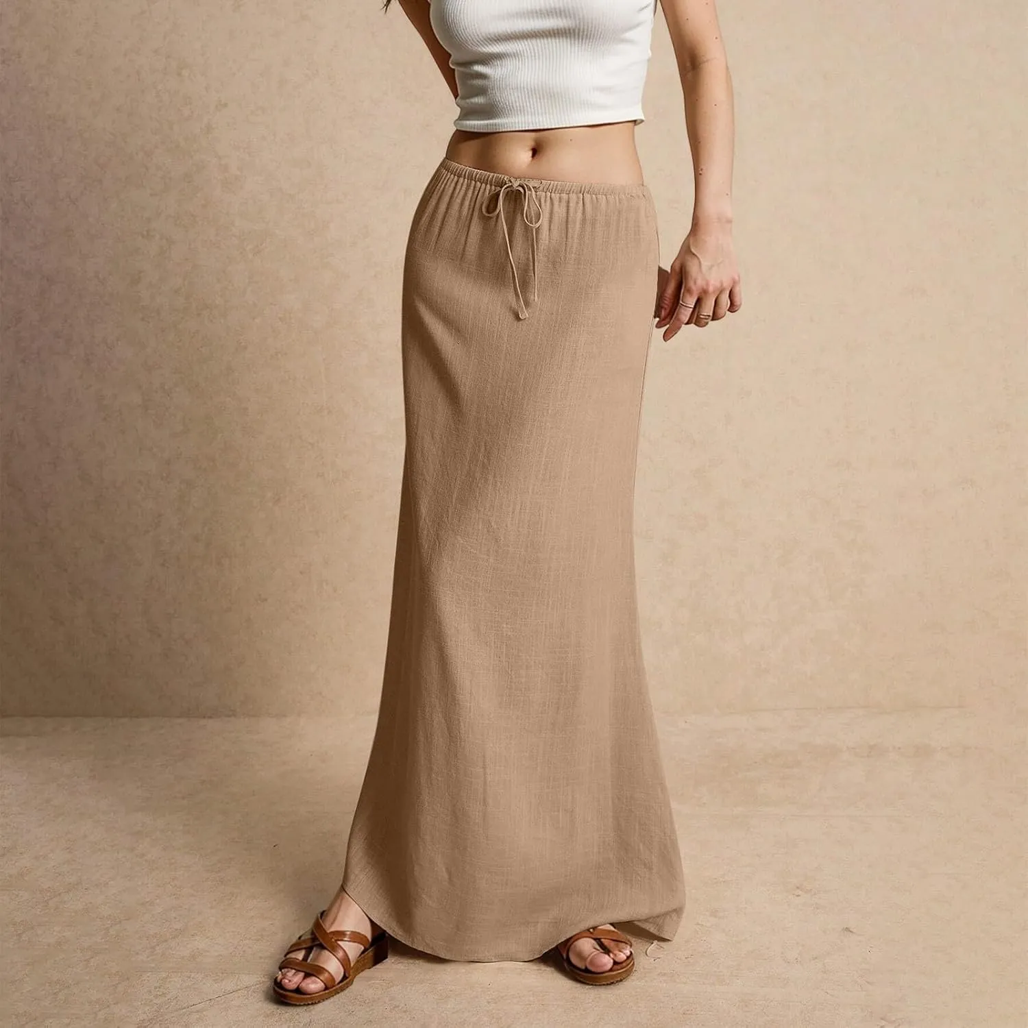 Linen Maxi Skirts for Women Trendy Summer Comfy Drawstring Waist A Line Skirts Cute Vacation Boho Long Flowy Skirts