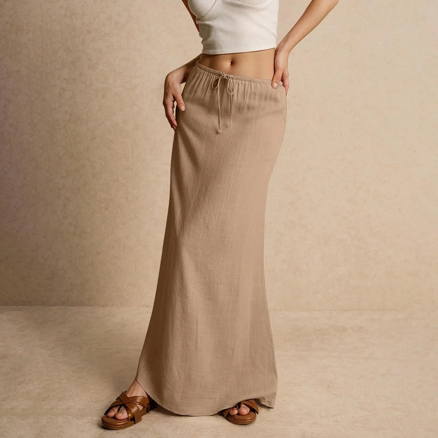 Linen Maxi Skirts for Women Trendy Summer Comfy Drawstring Waist A Line Skirts Cute Vacation Boho Long Flowy Skirts
