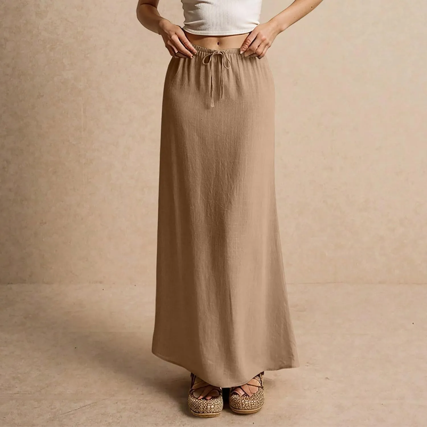 Linen Maxi Skirts for Women Trendy Summer Comfy Drawstring Waist A Line Skirts Cute Vacation Boho Long Flowy Skirts